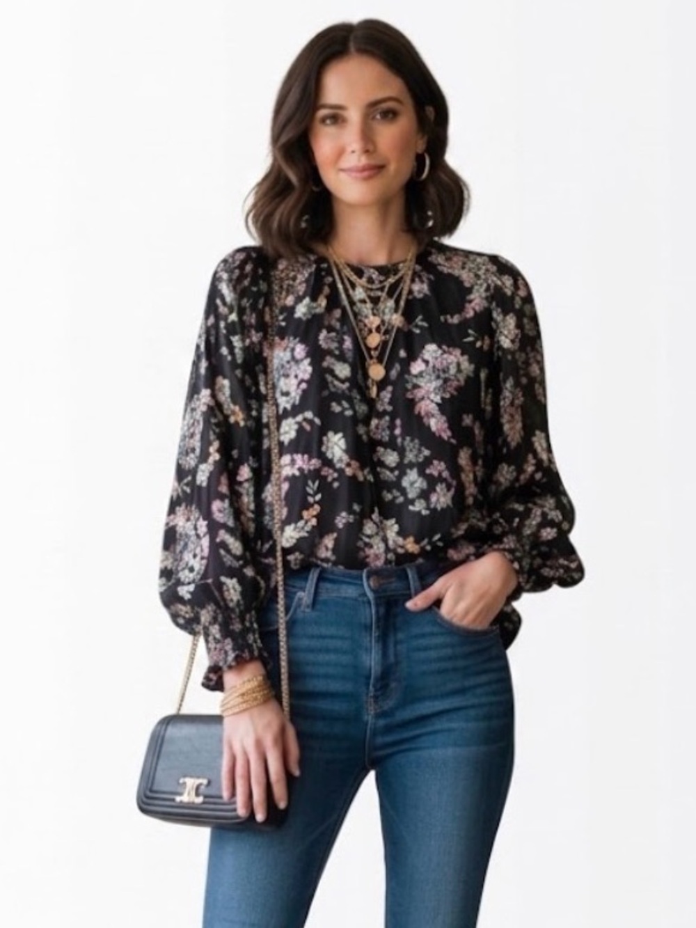 Rebecca Taylor Smocked Cuff Long Sleeve Floral Top